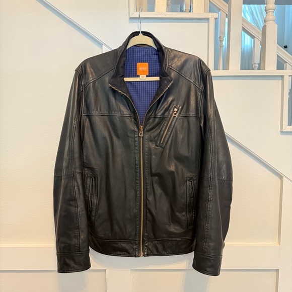 Hugo Boss Orange Black Leather Bomber Jacket